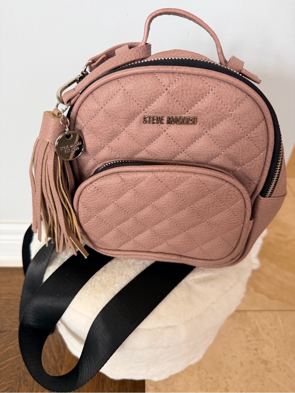 STEVE MADDEN Pink Small Quilted Trendy Tassel Backpack  Women's Vegan Leather